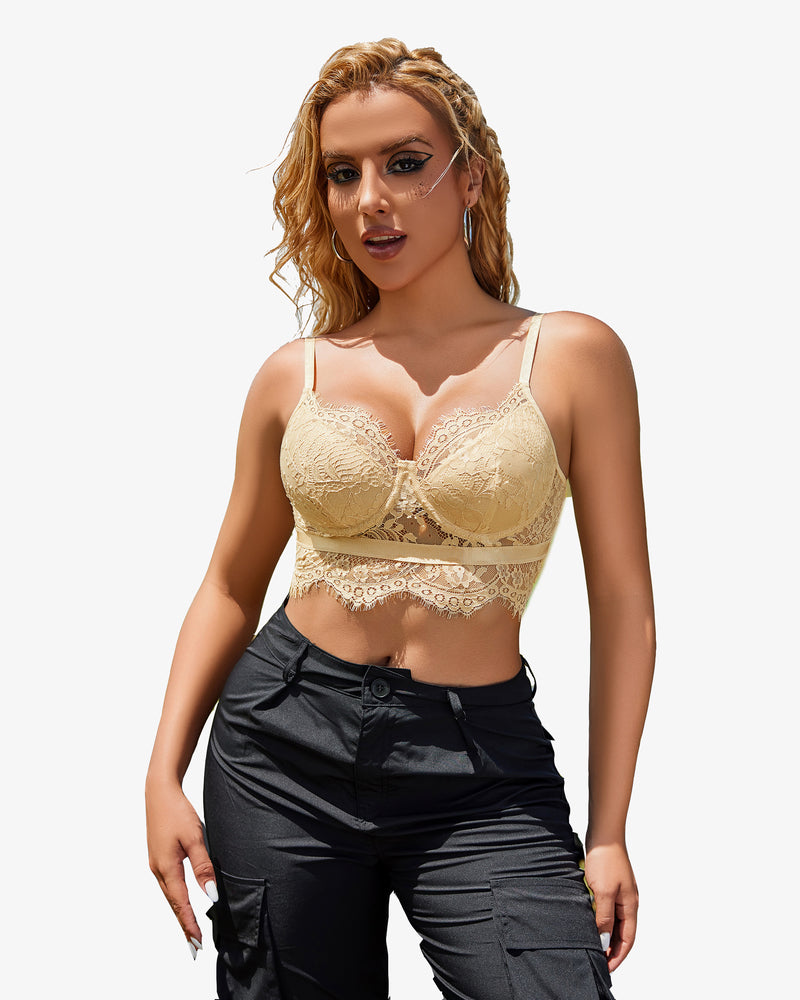 Avidlove beige lace bustier cami top, model in black cargo pants, lingerie style and fit