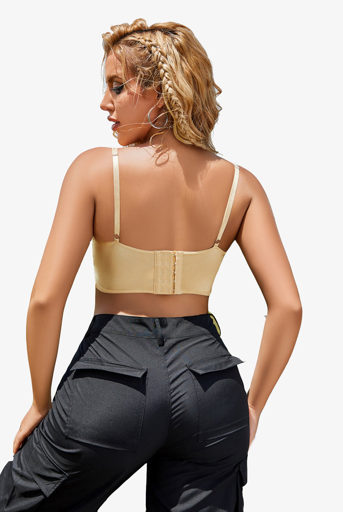 Beige lace bustier cami top, rear view, adjustable straps, lingerie style on a model, Avidlove