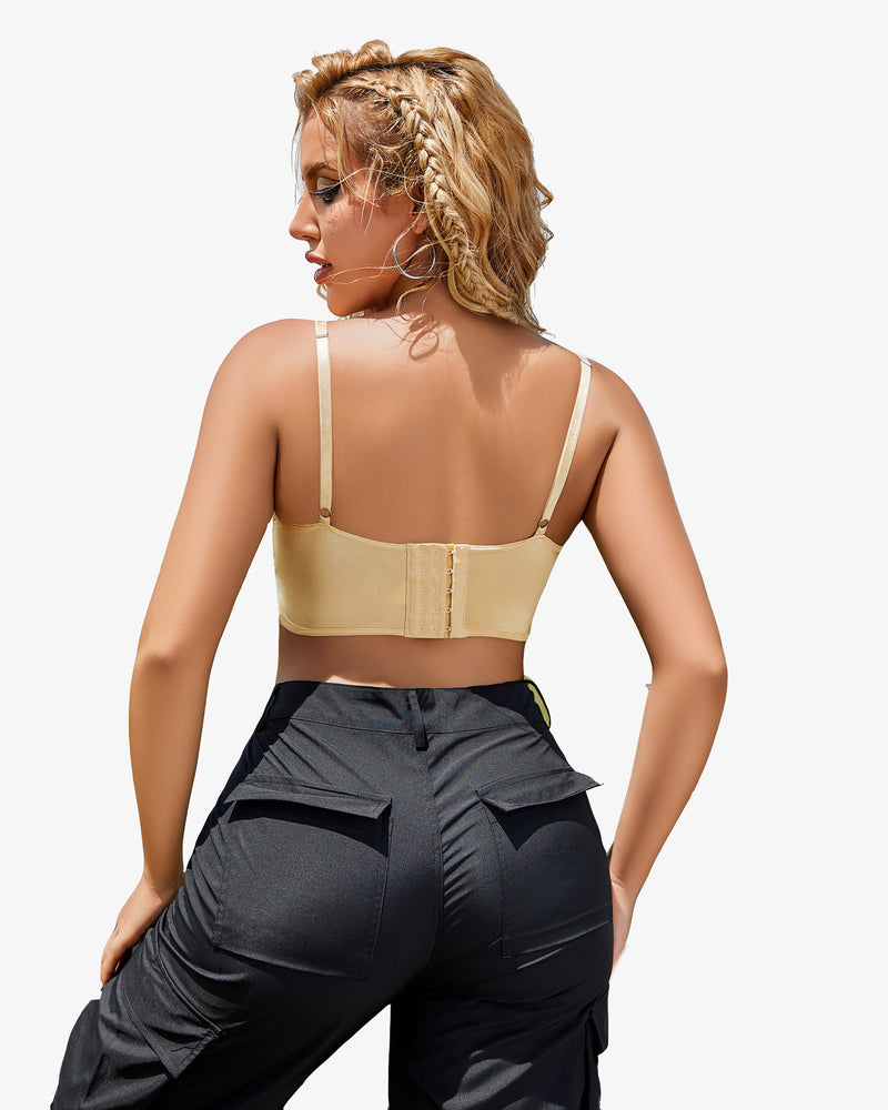 Beige lace bustier cami top, rear view, adjustable straps, lingerie style on a model, Avidlove