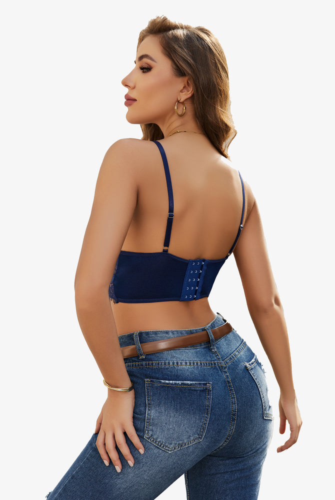 Navy lace bustier cami top back view, adjustable straps, lingerie style on model in jeans, Avidlove