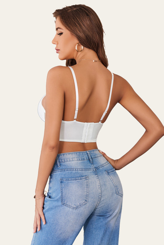 White lace bustier corset cami top, back view on model, adjustable straps, lingerie style