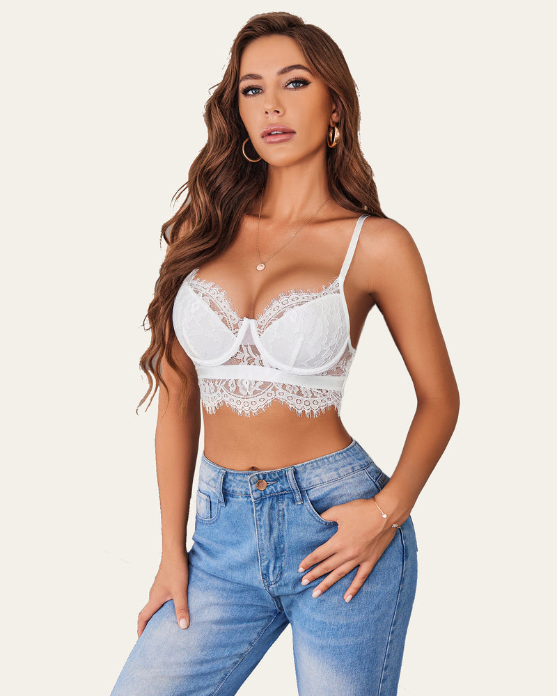 White lace bustier corset cami top, model in jeans, showcasing lace detail and adjustable straps.