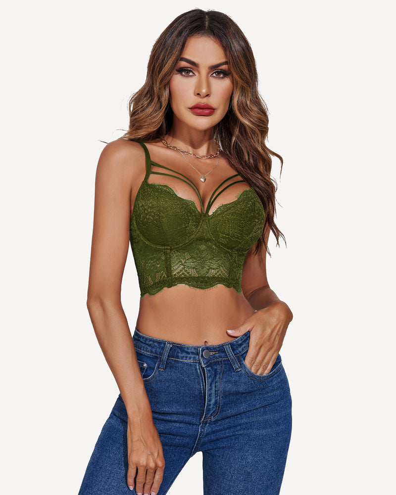 Green lace bustier bralette with deep V-neck and underwire, paired with jeans. Confident style.