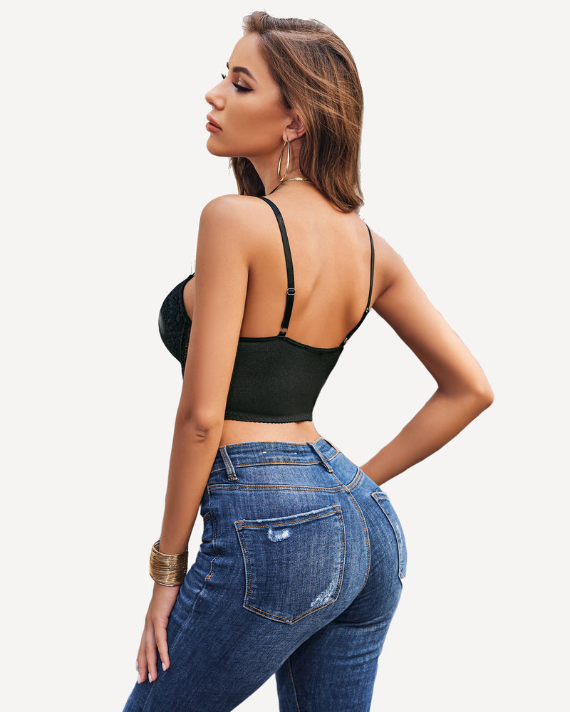 Black lace bustier bralette with jeans, side view. Showing flattering curves, deep V-neck design.