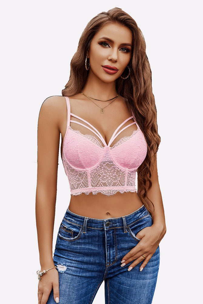 Pink floral lace push-up bustier bralette with jeans. Flattering deep V-neck design.