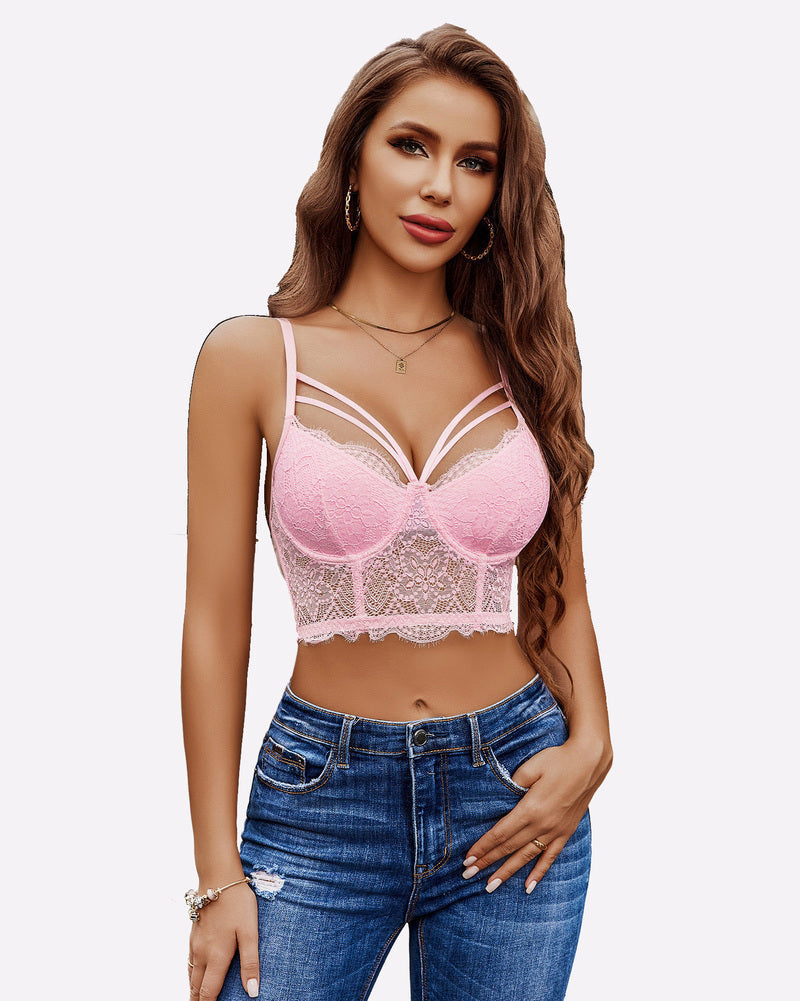 Pink floral lace push-up bustier bralette with jeans. Flattering deep V-neck design.