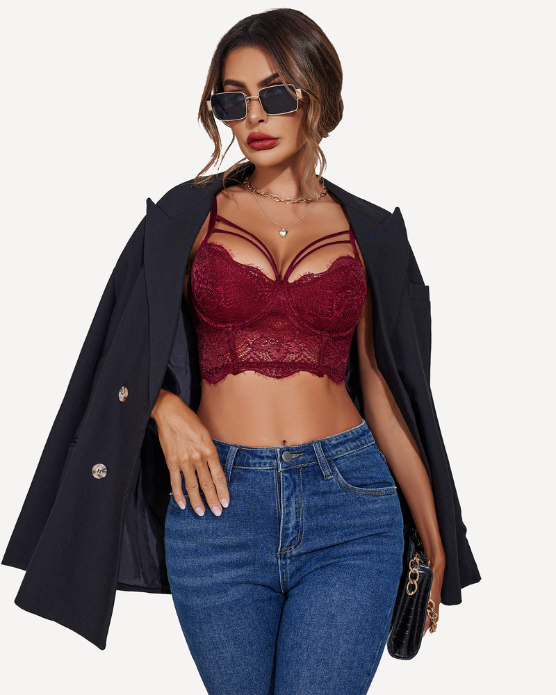 Burgundy floral lace push-up bustier bralette, deep V-neck, with jeans and blazer. Confident style