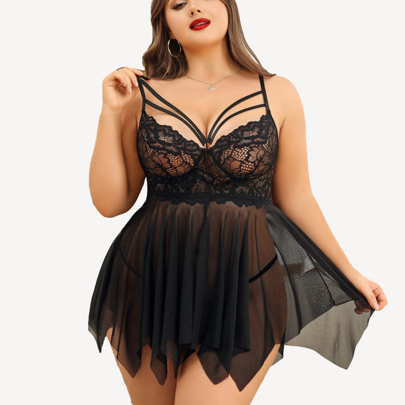 Plus Size Black Lace Bridal Babydoll Nightgown with adjustable straps and asymmetrical hem