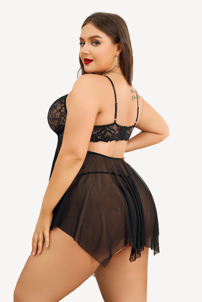 Plus size black lace bridal babydoll lingerie set with adjustable straps and asymmetrical skirt