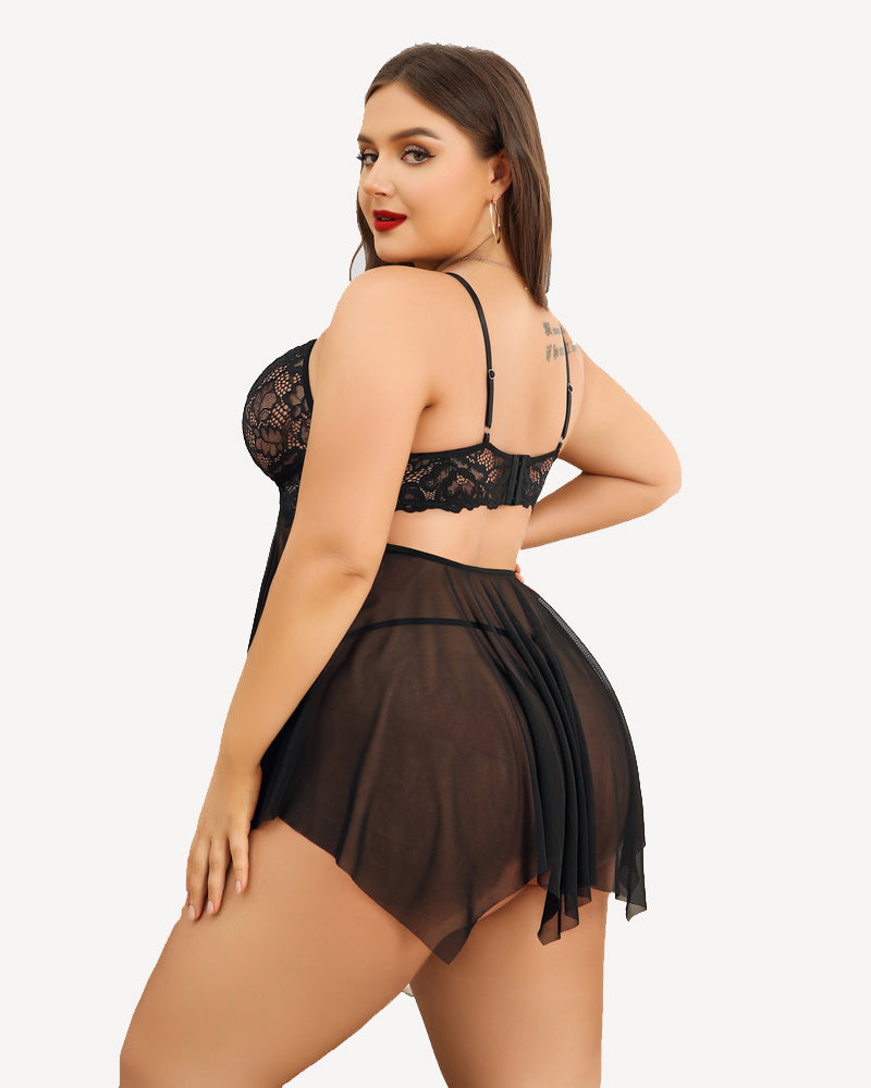 Plus size black lace bridal babydoll lingerie set with adjustable straps and asymmetrical skirt