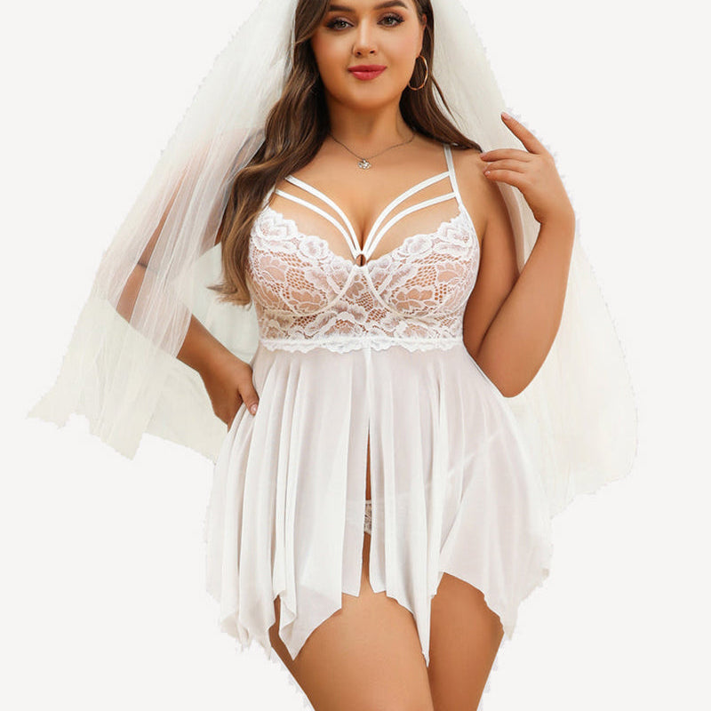 Plus Size White Lace Bridal Babydoll Nightgown with adjustable straps and asymmetrical hem