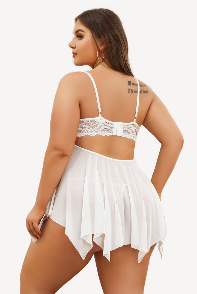 Plus size white lace babydoll lingerie set with asymmetrical hem, bridal design
