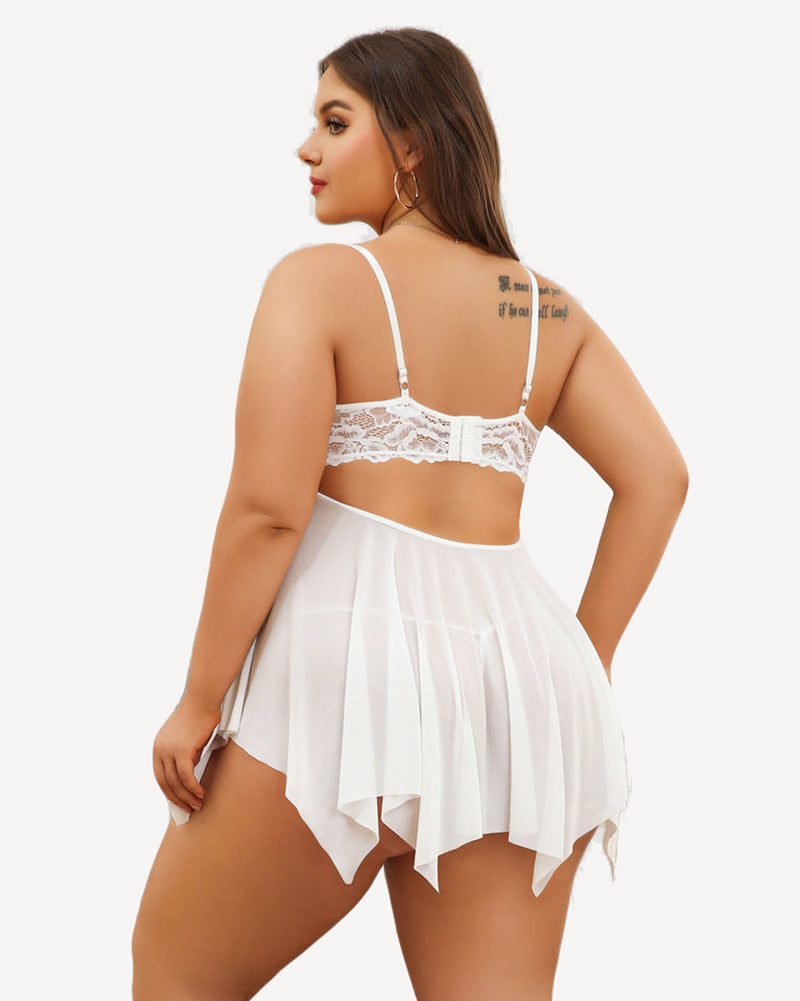 Plus size white lace babydoll lingerie set with asymmetrical hem, bridal design