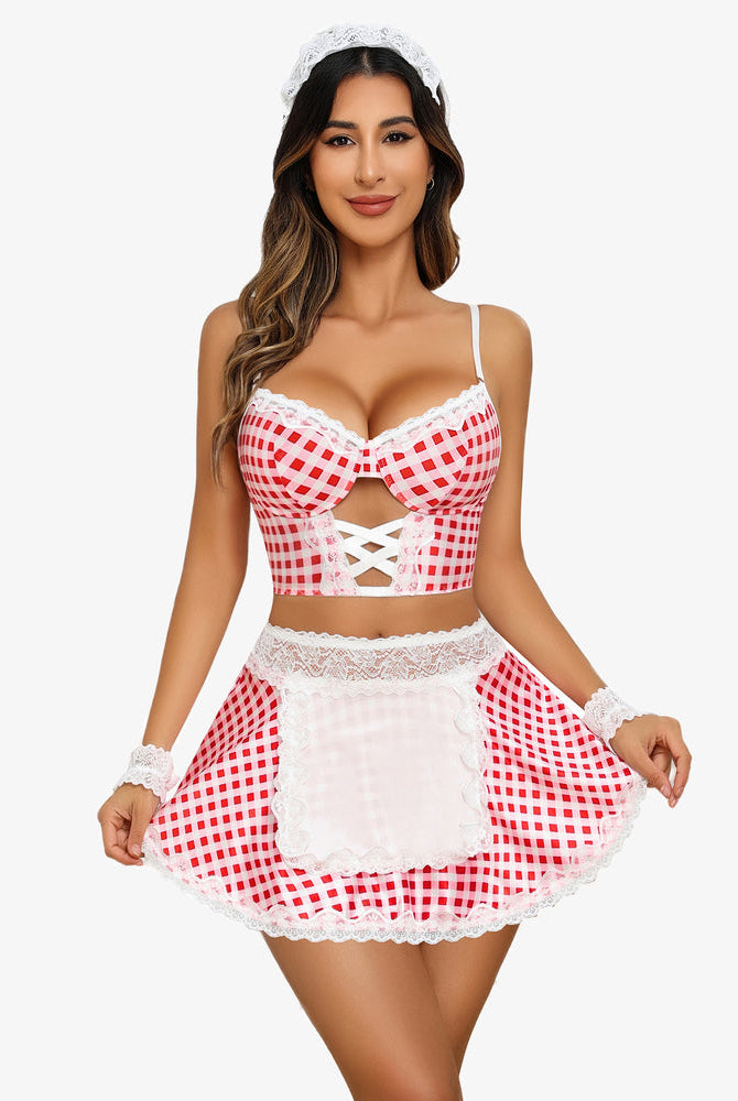 Red Gingham Maid Costume Set with Lace Trim, Lingerie, Corset Top and Mini Skirt