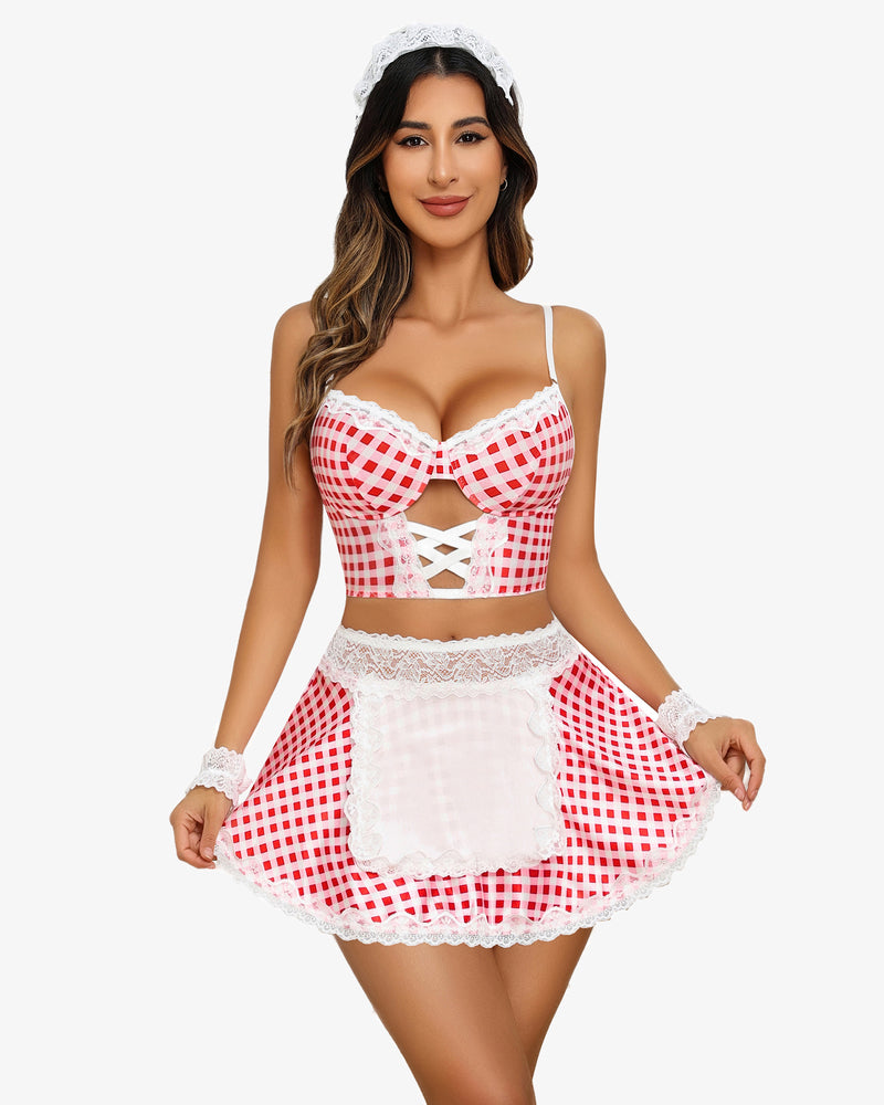 Red Gingham Maid Costume Set with Lace Trim, Lingerie, Corset Top and Mini Skirt