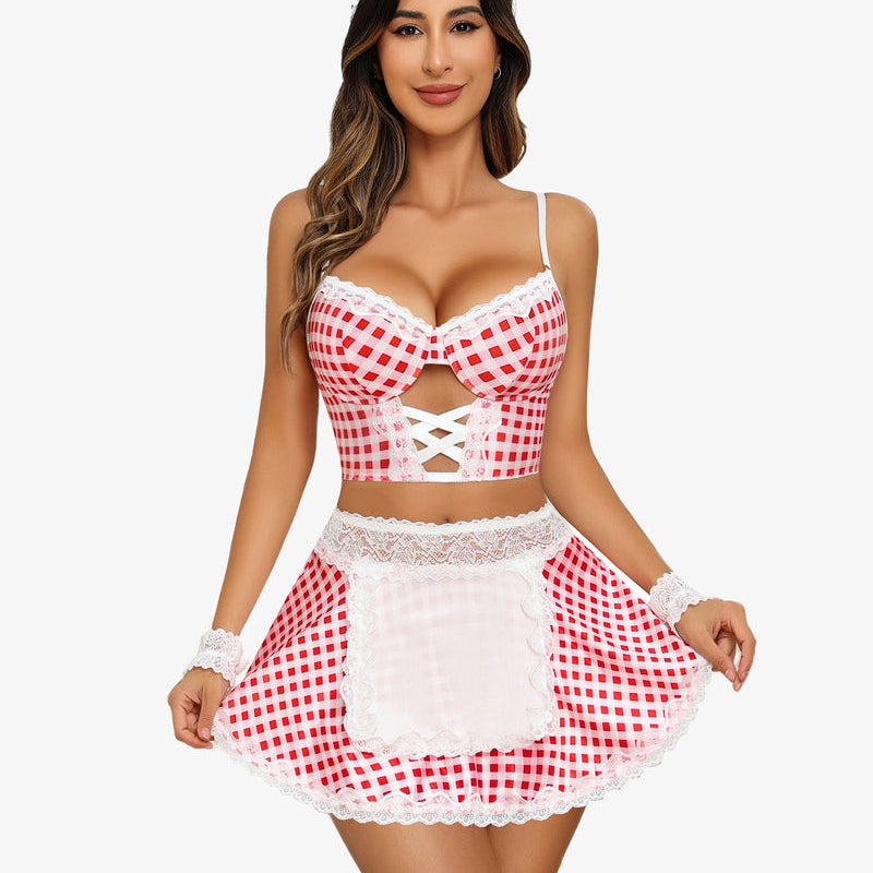 Red Plaid Maid Costume: Corset top, mini skirt, and accessories for a cute and charming look.