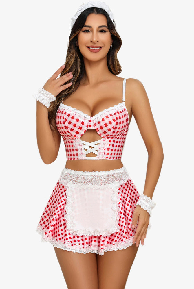 Red Gingham Maid Costume, Sexy Lingerie Set: Corset, Mini Skirt, Lace Trim, Headband, and Cuffs.