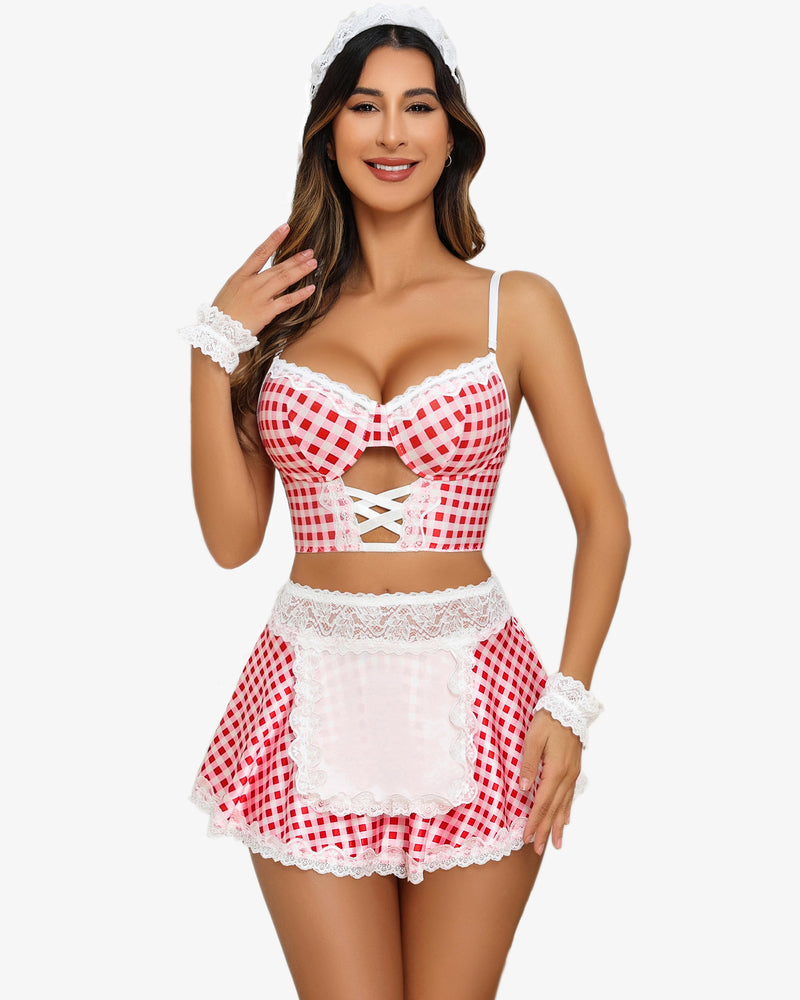 Red Gingham Maid Costume, Sexy Lingerie Set: Corset, Mini Skirt, Lace Trim, Headband, and Cuffs.