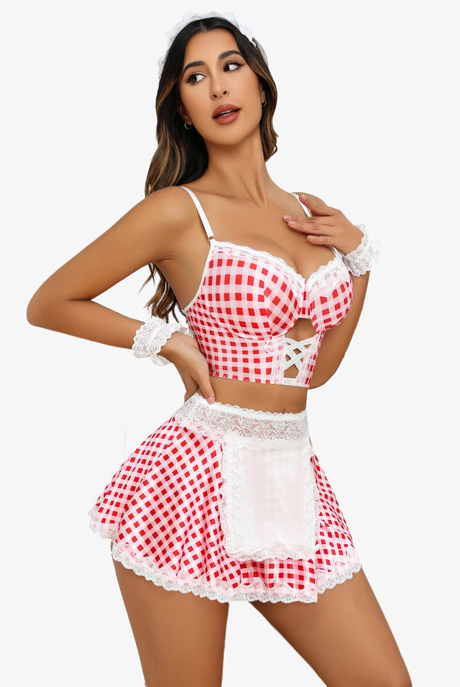 Red Gingham Maid Costume Set with Lace Trim, Corset Top, Mini Skirt, and Accessories