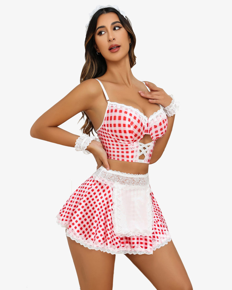 Red plaid maid outfit: Gingham corset, mini skirt, and lace accents for a cute, charming maid look.