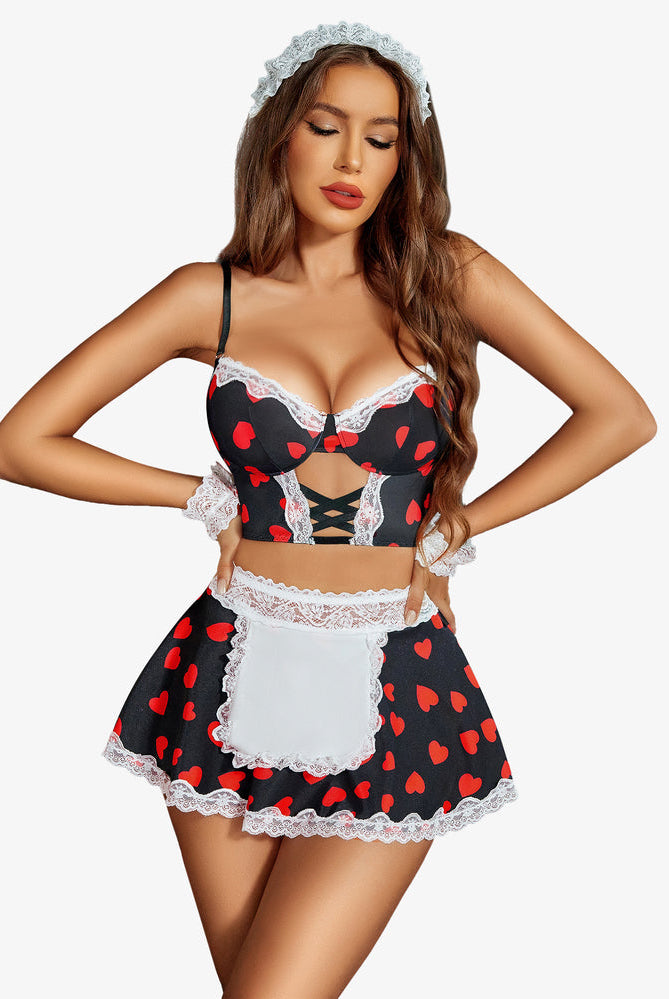 Black lace maid costume set with red hearts. Corset, mini skirt, lace trim. Sexy lingerie.