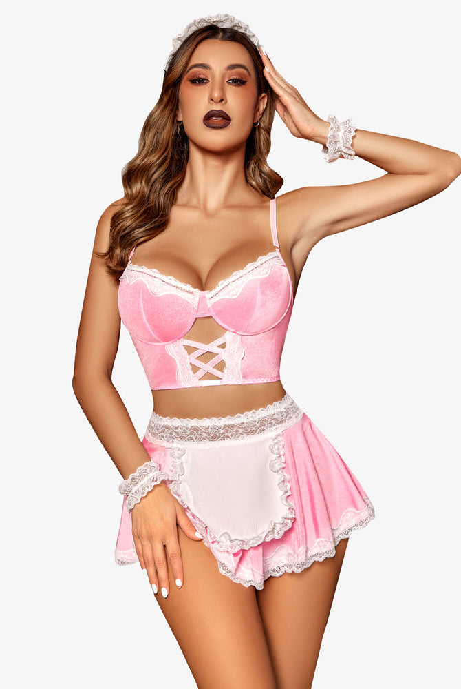 Pink contrast lace maid costume set, lingerie with corset, mini skirt, and lace trim details