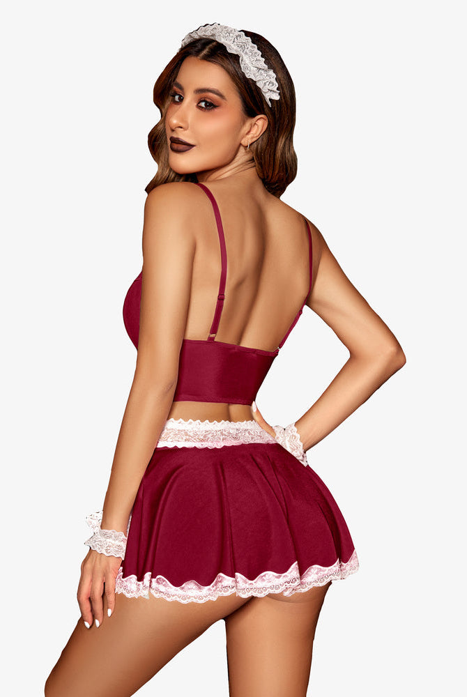 Burgundy maid outfit set with lace trim: Corset, mini skirt, hairband and cuffs, Avidlove lingerie.