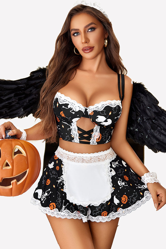 Black Halloween maid lingerie set with wings and pumpkin. Sexy costume.