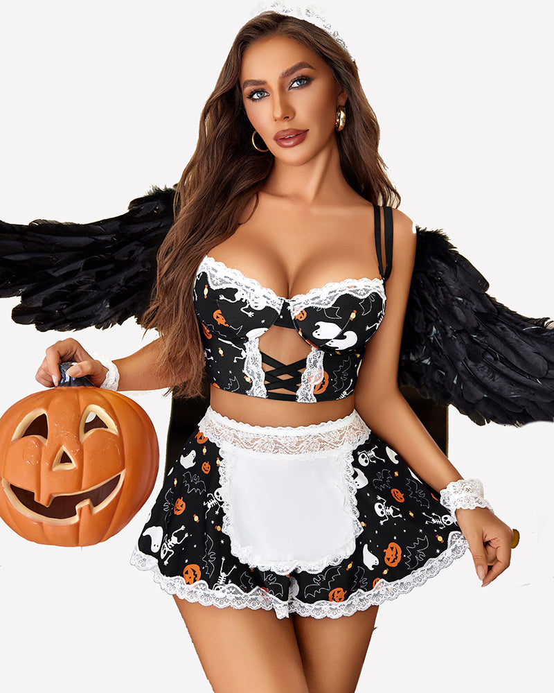 Black Halloween maid lingerie set with wings and pumpkin. Sexy costume.
