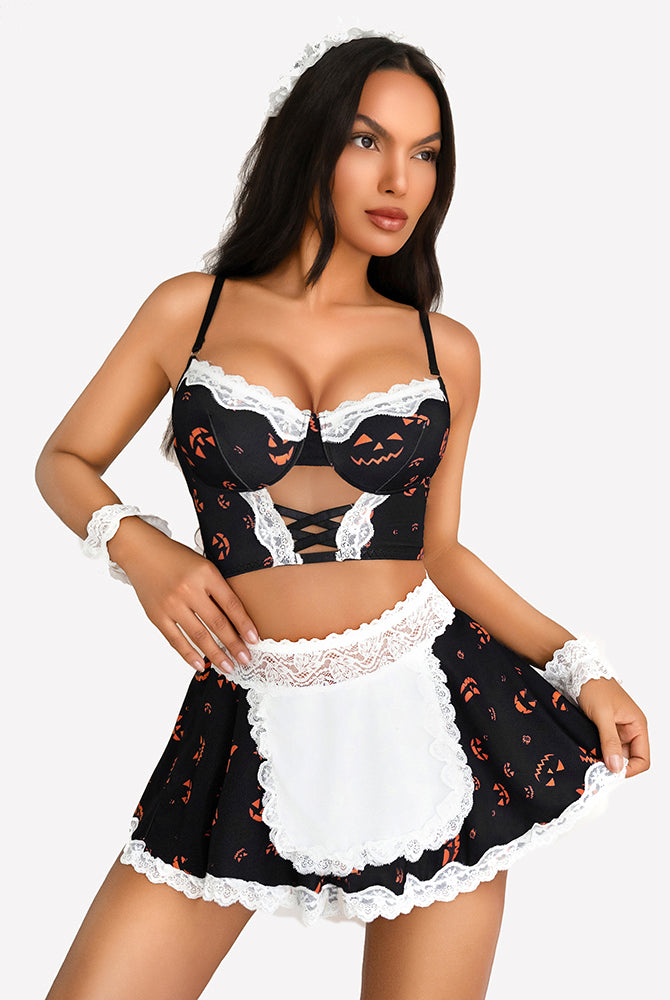Halloween maid lingerie set: black with pumpkin print, lace trim, mini skirt. Sexy costume.