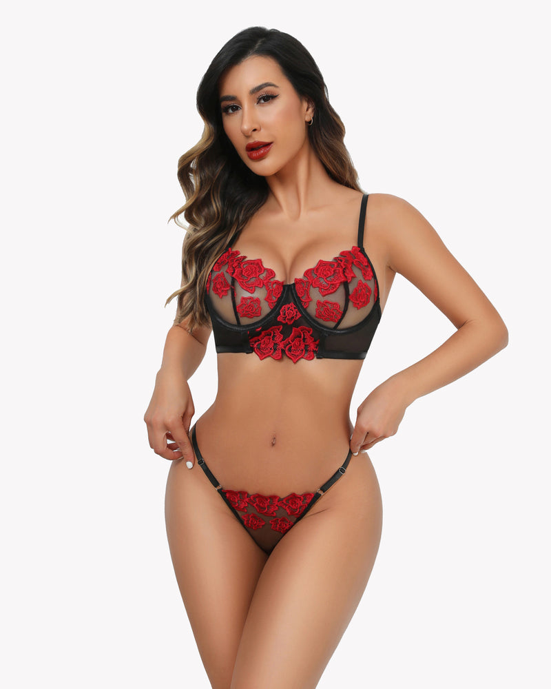 Embroidered red floral lace bra and panty set with adjustable straps, perfect for a romantic night.