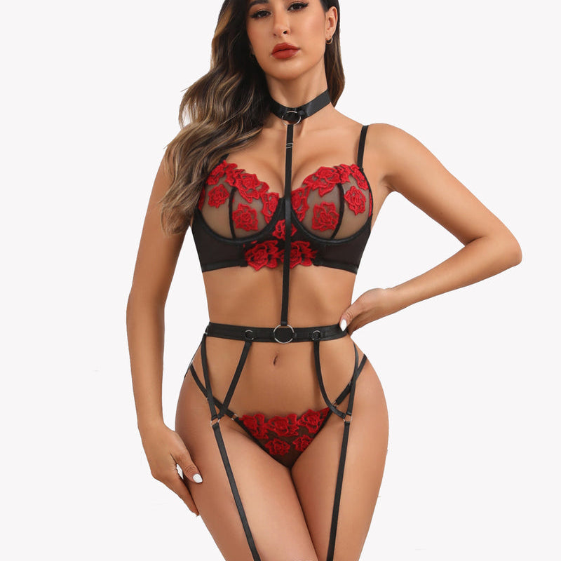 Black and red embroidered lace lingerie set with garter belt and choker. Romantic night wear