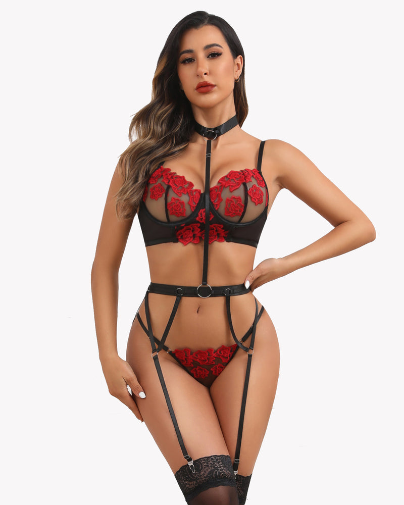 Black and red embroidered lace lingerie set with garter belt and choker. Romantic night wear