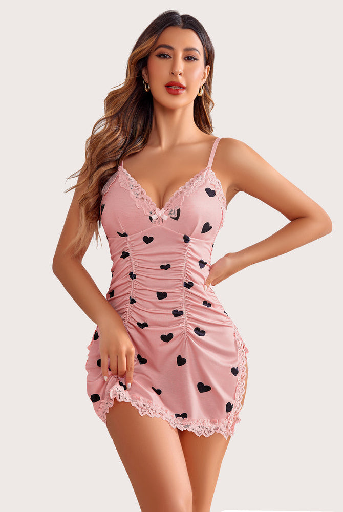 Pink heart-printed ruched chemise lingerie with lace trim, sexy and comfortable design.