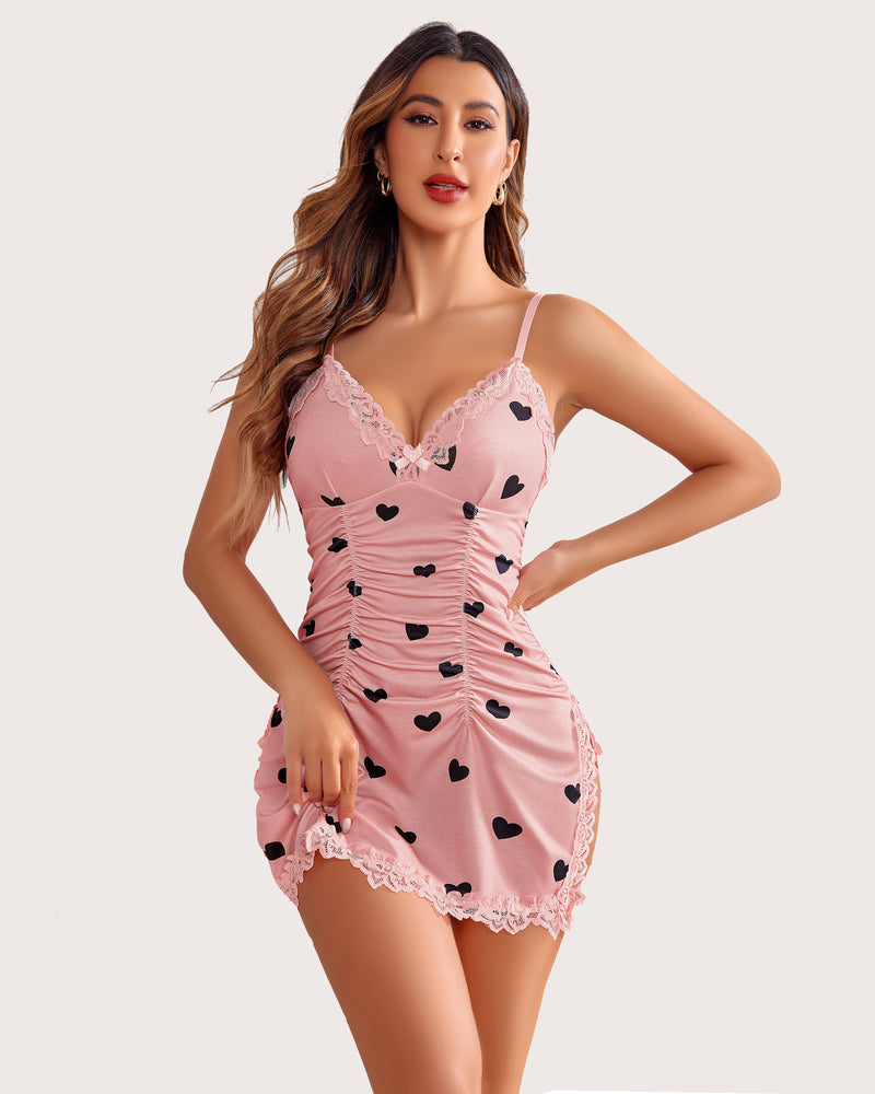 Pink Soft Love Print Ruched Chemise Babydoll Lingerie with Lace Trim
