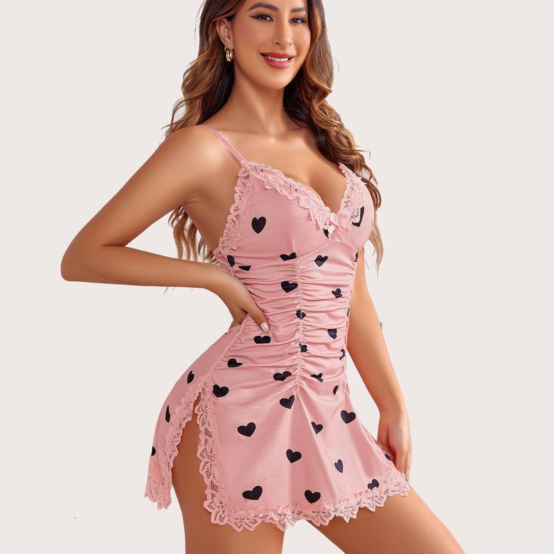 Pink heart print chemise with lace trim and ruching, a sexy lingerie from Avidlove for women.
