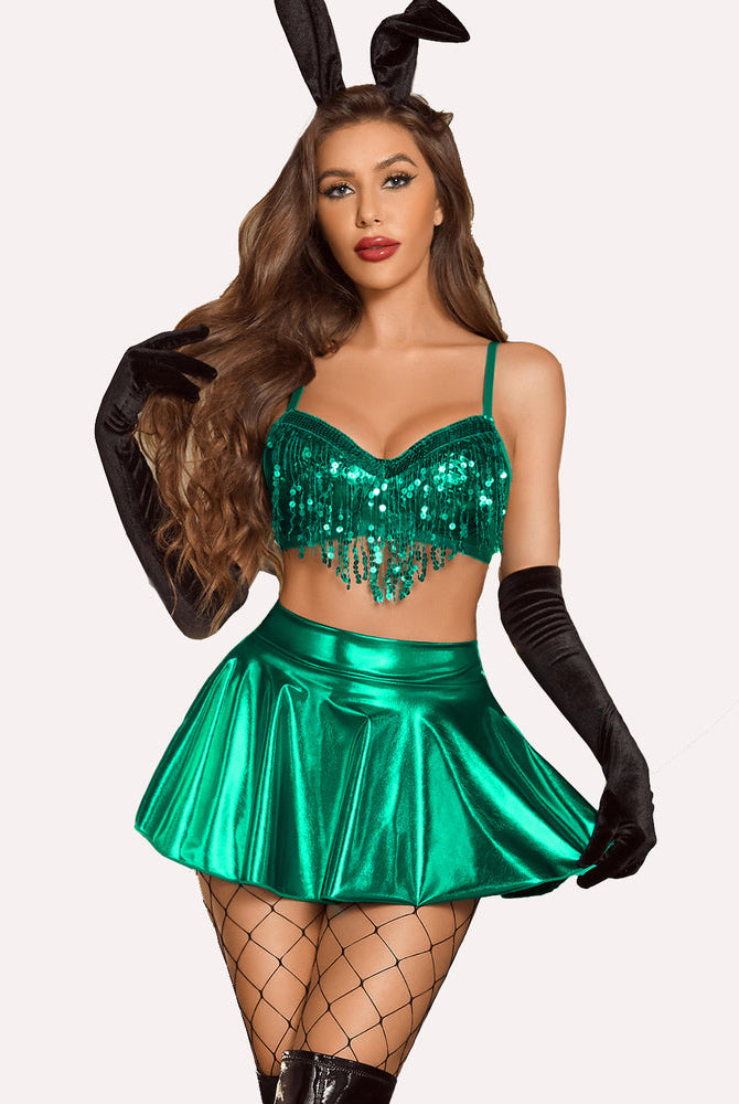 Green Sequin Fringe Crop Top and Pleated Skirt Rave Outfit Set