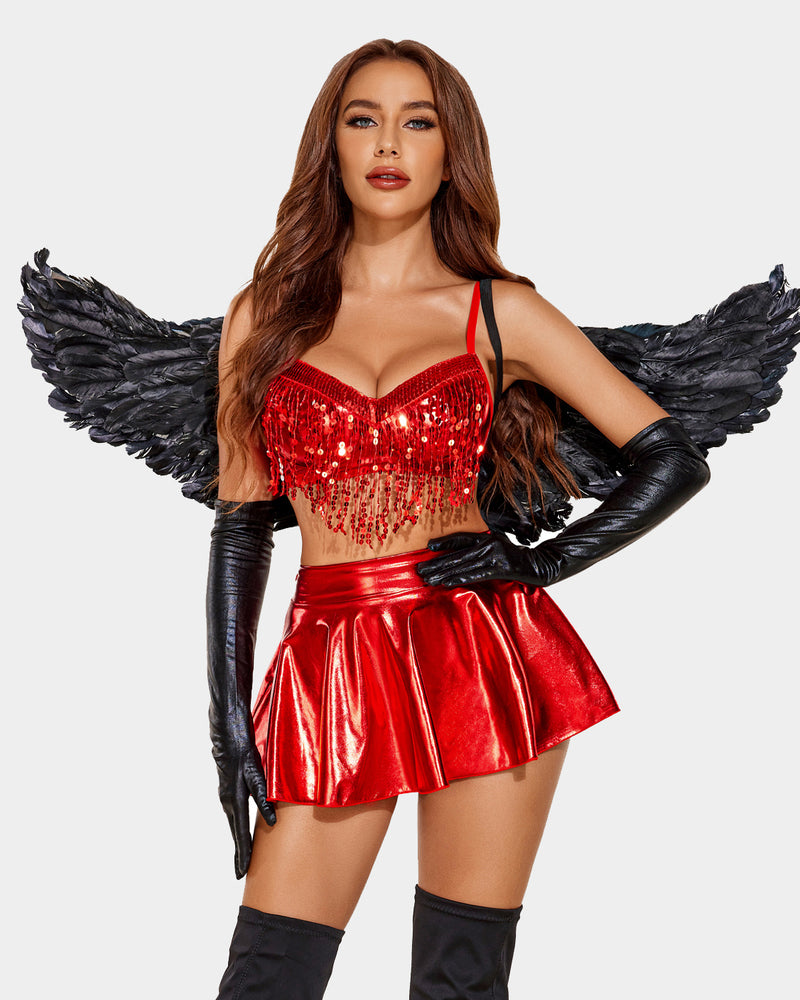 Red sequin crop top, metallic mini skirt, black gloves, and feathered wings skirt set.