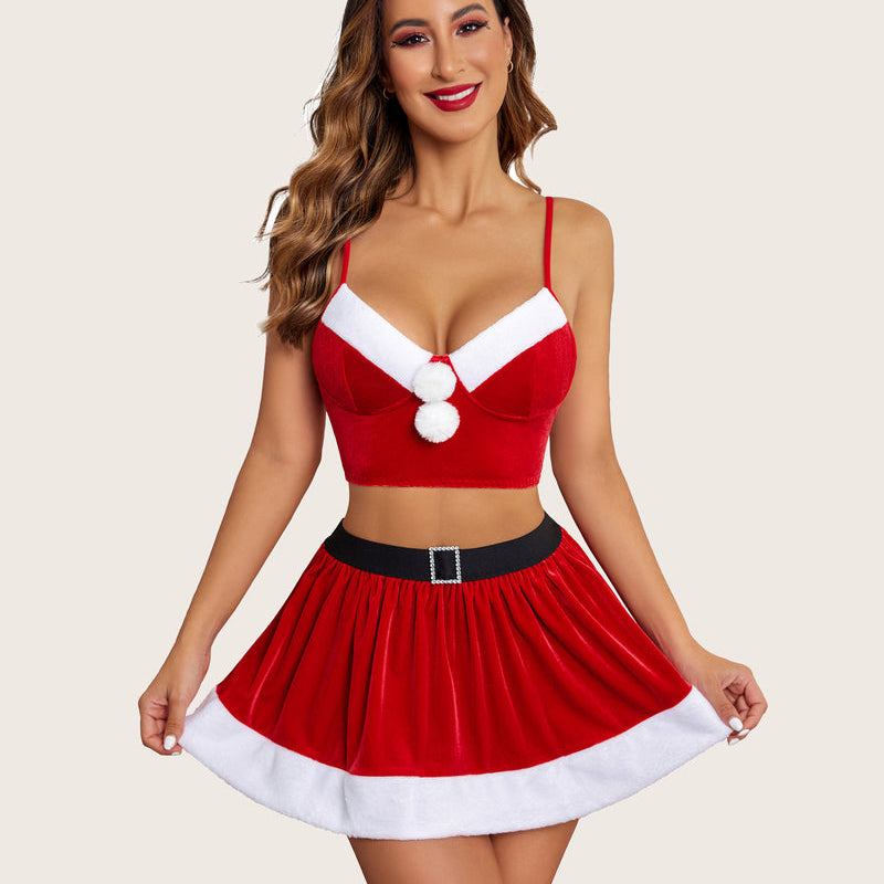 Velvet Santa Costume Set: Red camisole and skirt with white fur trim, perfect for Christmas parties