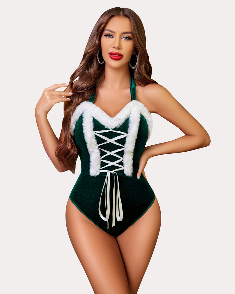 Santa Teddy Lingerie: Green velvet with white fur trim, criss-cross front, halter neck.