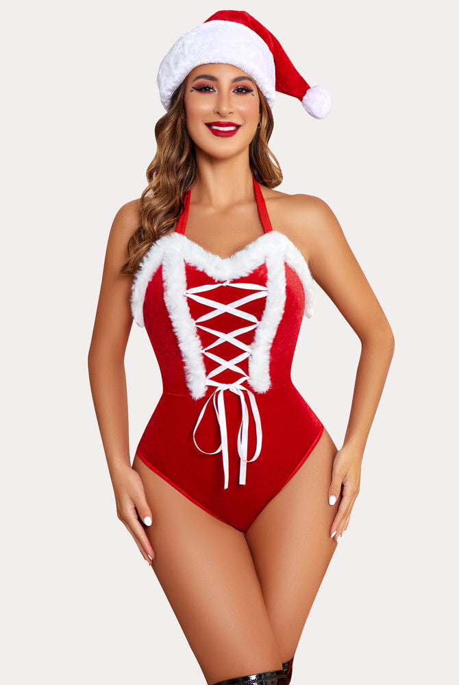 Red teddy one-piece with white faux fur trim, crisscross lace-up front, Santa hat