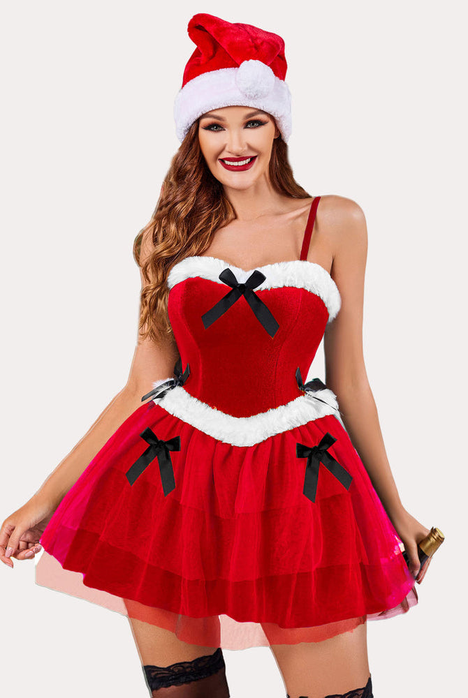 Red Santa Claus corset dress with white fur trim and black bows