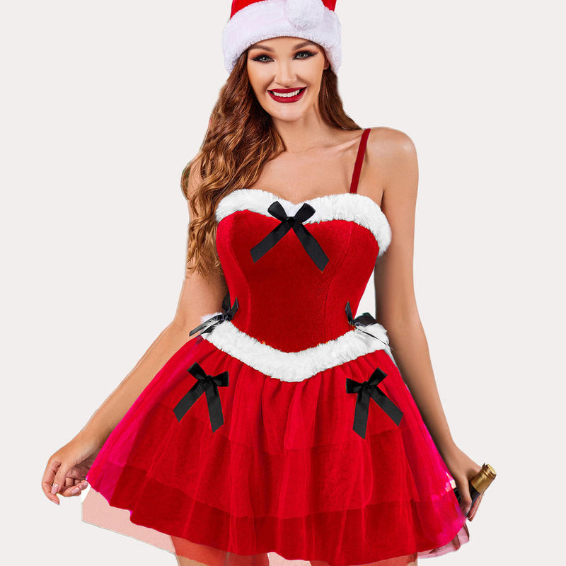 Red Santa Claus corset dress with white fur trim and black bows