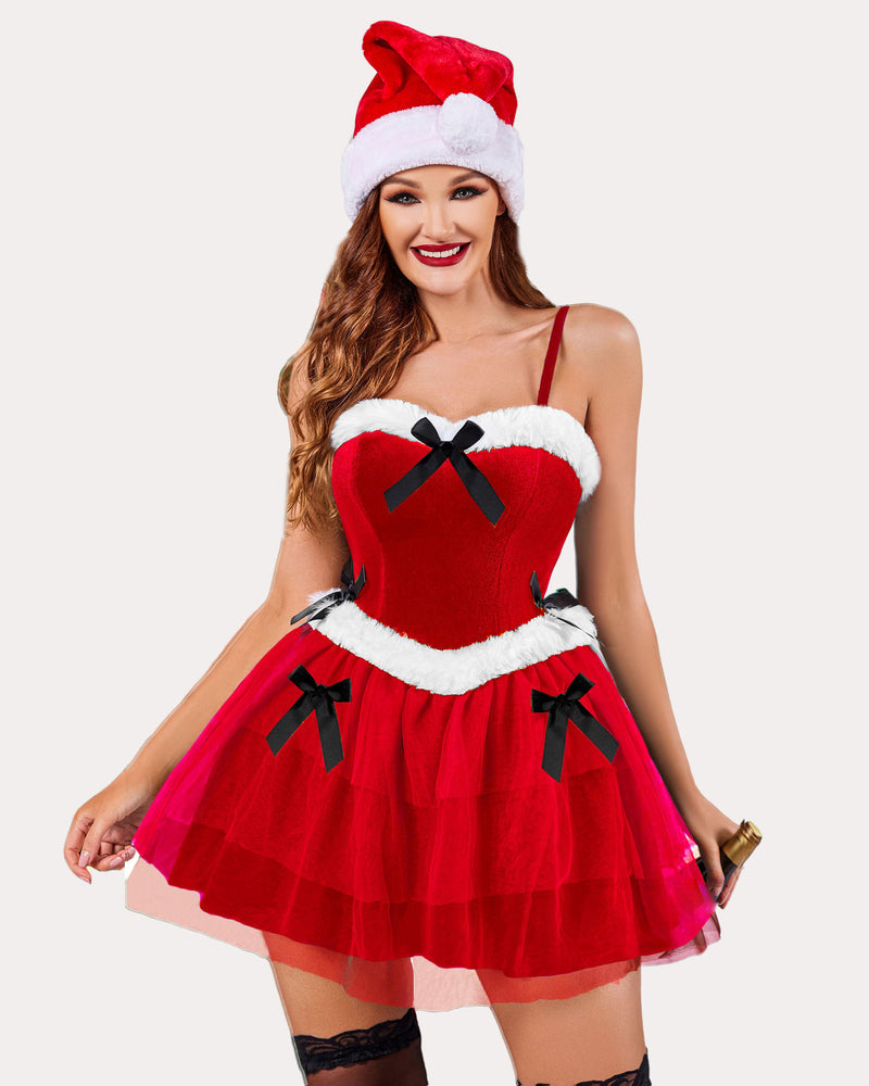 Red Santa Claus corset dress with white fur trim and black bows