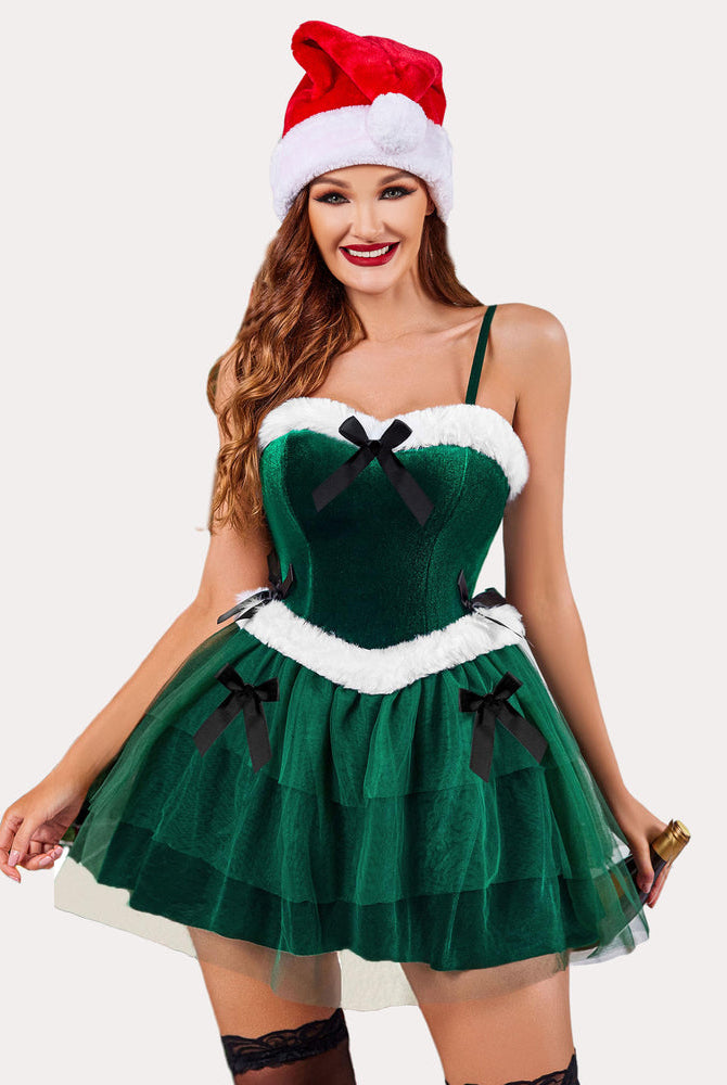 Green Santa Claus corset dress with white fur trim and black bows, perfect Christmas outfit