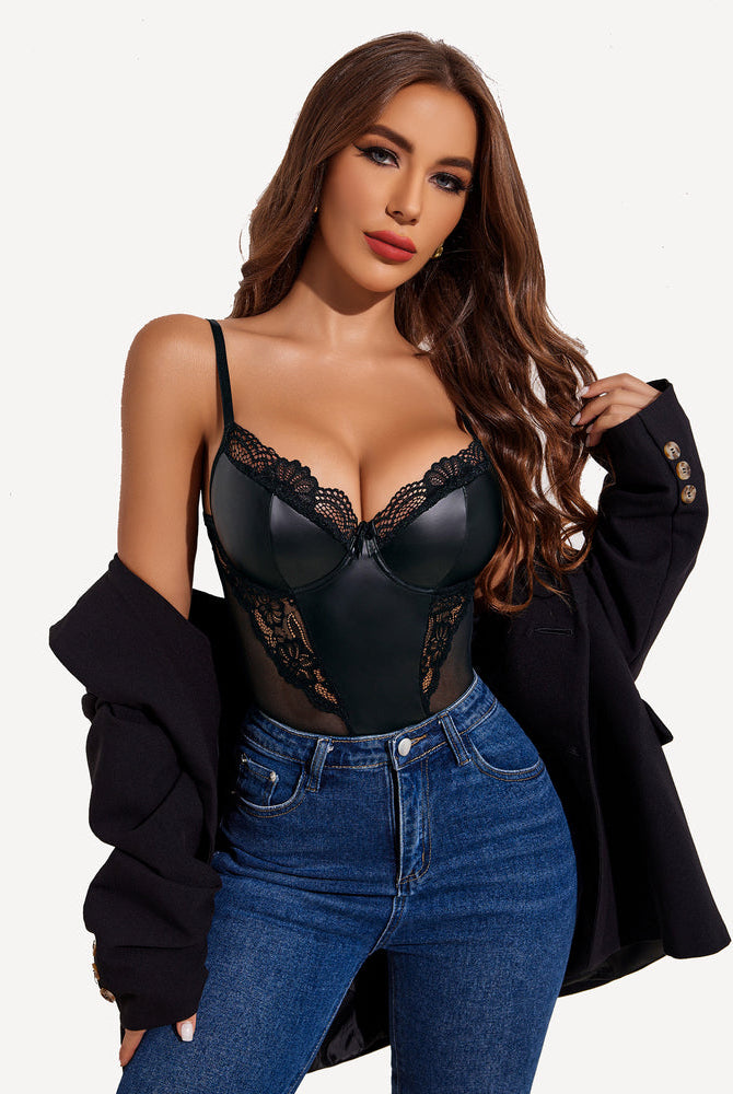Black push-up teddy with faux leather and lace details, woman in jeans and blazer