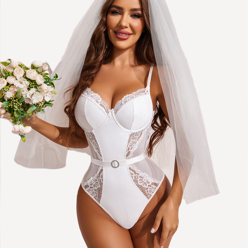 White lace push-up snap crotch teddy with bridal veil and bouquet