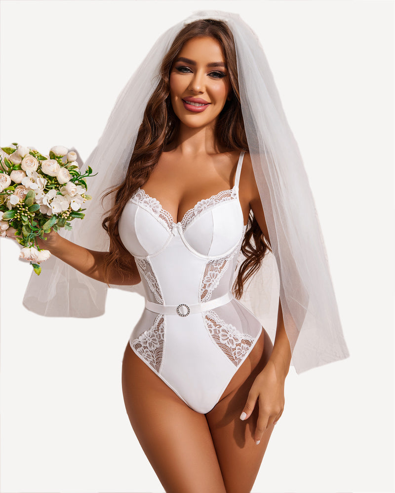 White lace bridal teddy bodysuit with veil and bouquet. Push-up, adjustable straps, floral lace.