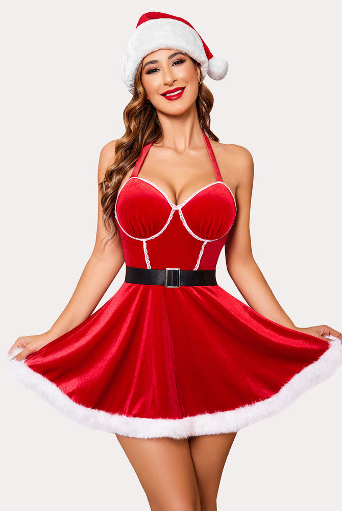 Red velvet Santa Claus babydoll dress with halter neck, black belt, and matching hat