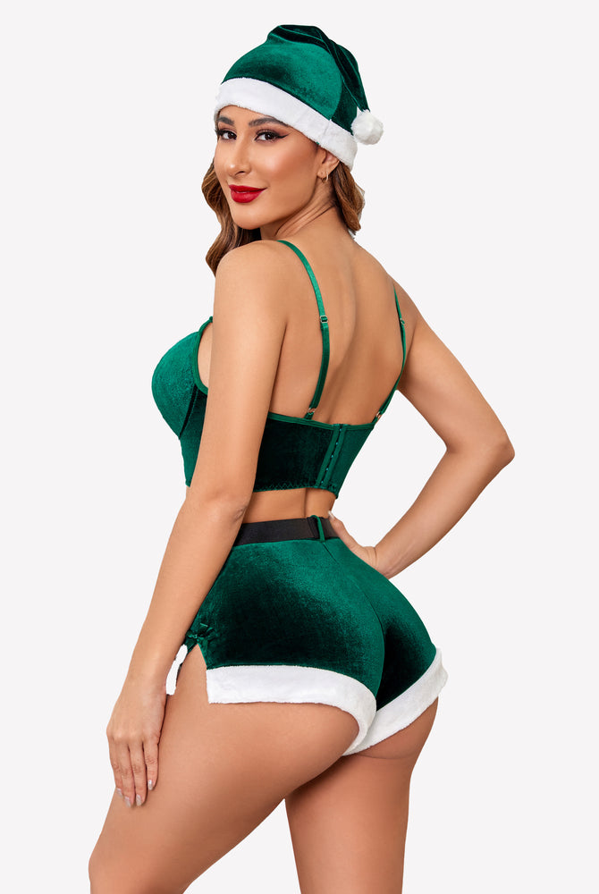 Green velvet Santa lingerie set with fur trim and hat, Christmas costume